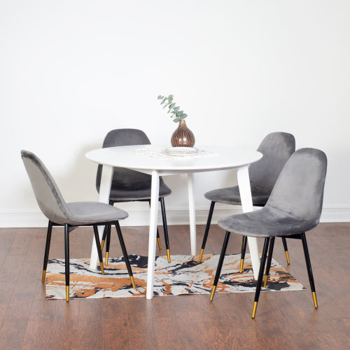 5-Piece Contemporary White Round Dining Set, MDF Table & 4 Velvet Chairs