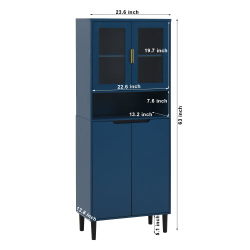 Navy Blue 4-Door Adjustable Tempered Glass Tall Storage Bookcase Cabinet