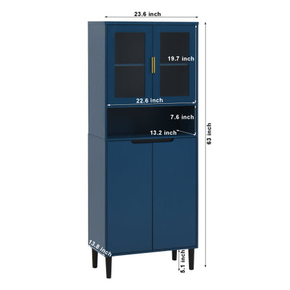 Navy Blue 4-Door Adjustable Tempered Glass Tall Storage Bookcase Cabinet