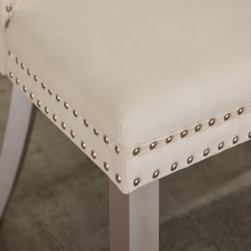 Set of 2 Milky White Mid-Century Velvet Tufted Dining Chairs, Solid Wood Leg Nailhead Trim 280lbs Weight Capacity