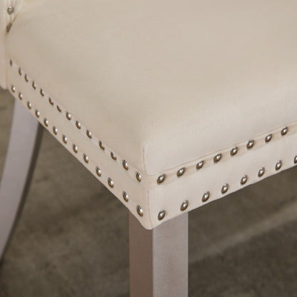 Set of 2 Milky White Mid-Century Velvet Tufted Dining Chairs, Solid Wood Leg Nailhead Trim 280lbs Weight Capacity