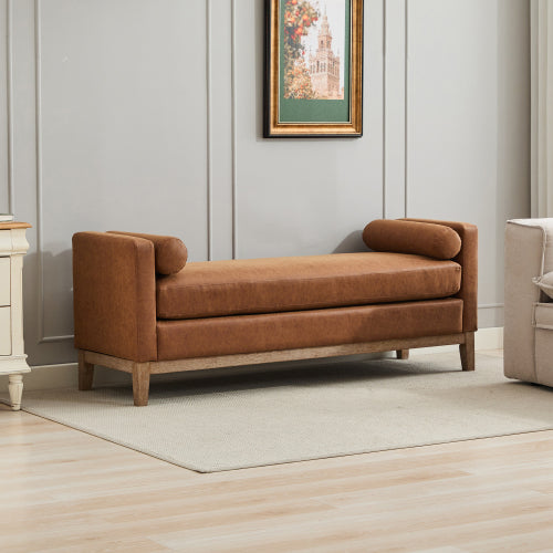 66.34inch W Elegant Upholstered Bench,Daybed, Ottoman with Wood Legs & 2 Bolster Pillows for End of Bed, Bedroom, Living Room, Entryway,Brown Polyurethane(PU)