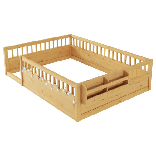 Full Montessori Floor Bed Frame with High Rails, Wood Kids Floor Beds with Light and Storage Shelf, Natural