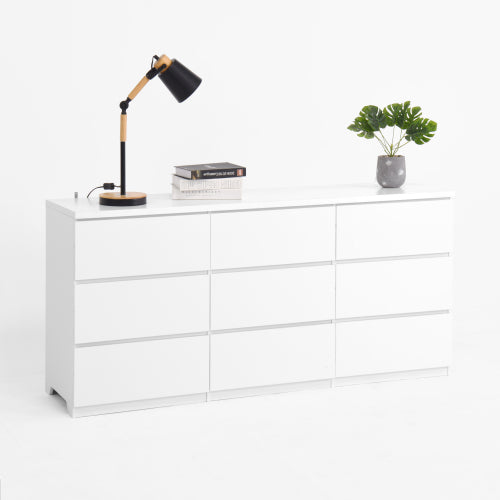 9 Drawer Dresser with No Handle Design, Modern White Matte Wood Dresser for Bedroom, Storage Chest of Drawers for Living Room, Hallway, Entryway