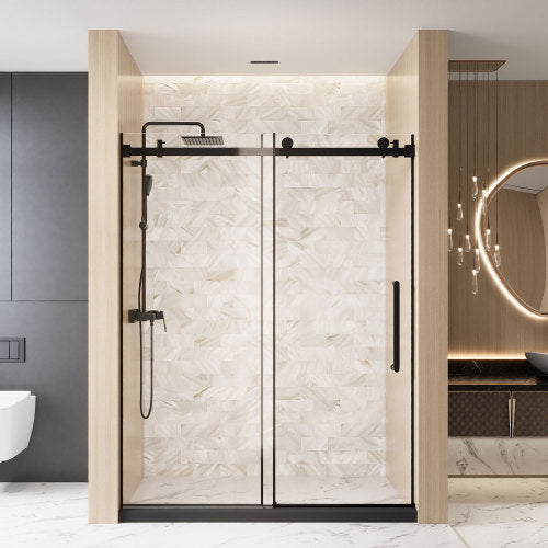 Frameless Single sliding shower door 56-60 "W x 76" H, 1/4 "(6 mm) Clear Tempered Glass, Explosion Proof Film, Stainless Steel Handle Square Tube Track ,Matte Black