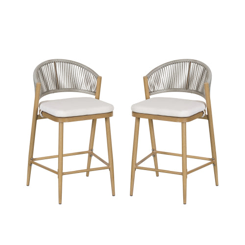 Outdoor 26" Seat Height Aluminum Frame Counter Stools with PE Rattan Scallop-shaped Backrest, Set of 2, Maple Finish