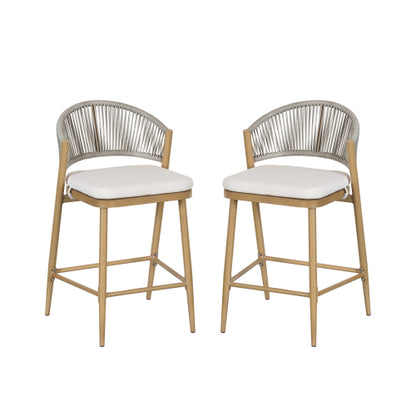 Outdoor 26" Seat Height Aluminum Frame Counter Stools with PE Rattan Scallop-shaped Backrest, Set of 2, Maple Finish