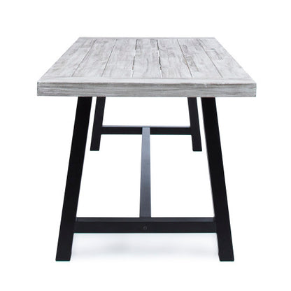 Outdoor Light Grey Sandblast Finish Acacia Wood Dining Table with Black Rustic Metal Finish Frame
