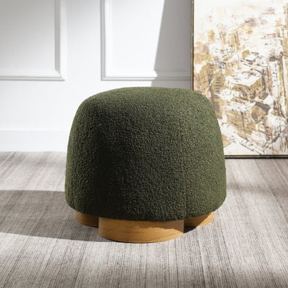 20 inch Olive Green Cobblestone Round Ottoman, Fully Assembled Fabric Footstool, Metal Decor Strip, 300 LBS