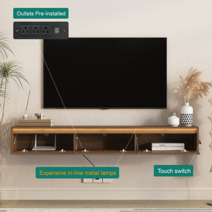 Wall Mount Floating High Gloss TV Cabinet with Touch LED Light Strip & Cable Holes for Living Room