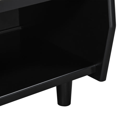 Black Nightstand with Rattan Detail, MDF + Solid Wood, Modern Bedroom Storage, Open Shelf & Drawer, Indoor Furniture