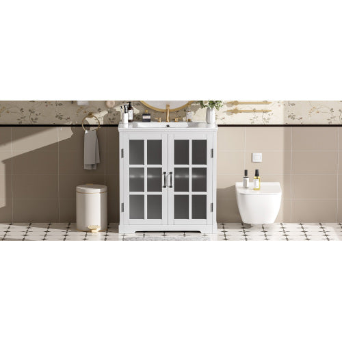 30" Modern Bathroom Vanity with Ceramic Sink, Bathroom Vanity Cabinet with Tempered Blurred Glass and Matte Black Handles, Equipped with Large Storage Space and Rubber Wood Frame, White