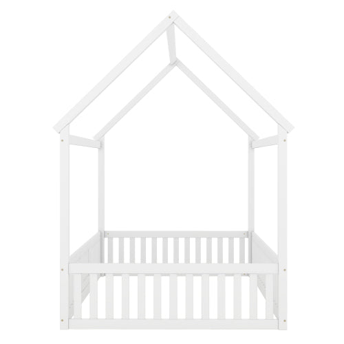 Full Size Wood House Bed with Fence and Door, White