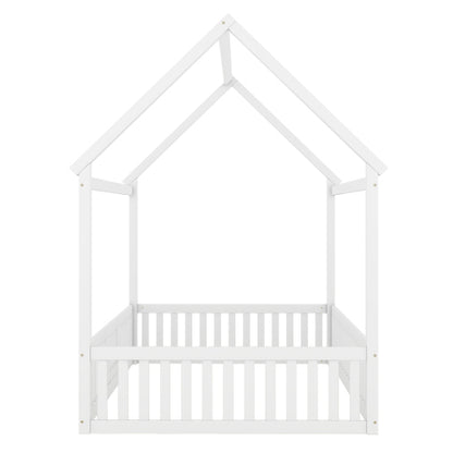 Full Size Wood House Bed with Fence and Door, White