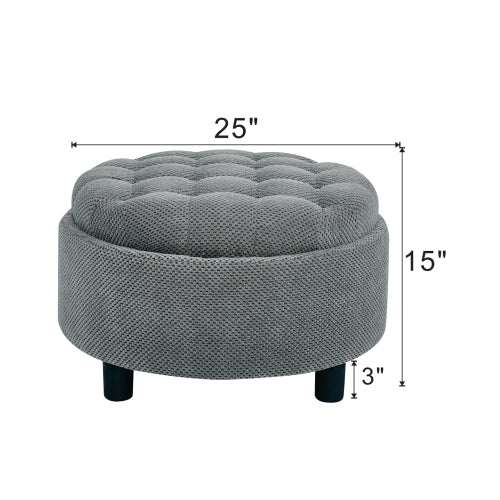 25 Inch Round Storage Ottoman, Light Grey Tufted Fabric