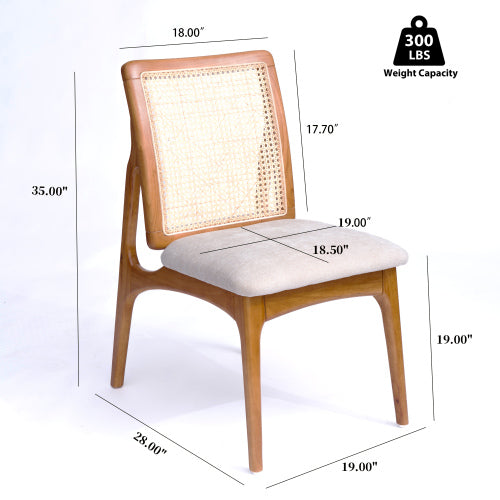 Mid Century Rattan Dining Chairs Set of 2, Solid Rubber Wood Side Chairs with Cane Rattan Back