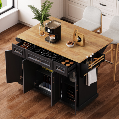 54 Inch Rolling Kitchen Island with Drop Leaf Drawers & Wheels Black