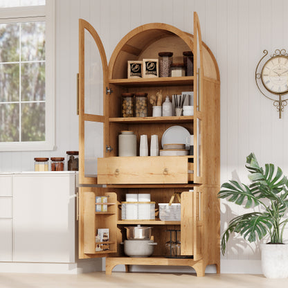 71 Inch Tall Arched Farmhouse Glass Door Kitchen Pantry Storage Cabinet