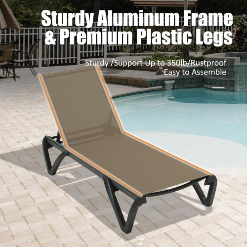 Pool Lounge Chairs Set of 2 with Side Table, Aluminum Adjustable Outdoor Chaise Lounge with Wheels, All Weather Poolside Chairs for Deck Lawn Patio Backyard, Textilene, Khaki