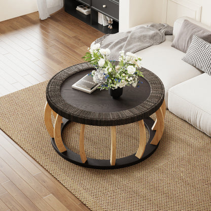 35.43inch  Vintage Rattan Round Coffee Table, Solid Wood Curved Leg Boho Table, Black Brown, 110lbs Capacity