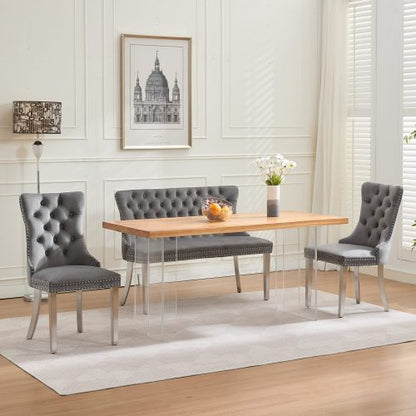 Velvet Double Dining Loveseat Bench, Kitchen & Dining Seating, 2-Seat Tufted Bench w/Handmade Buttons, Wing Back, Brushed Silver Stainless Steel Legs, Mid Century Modern,Single Pack,Gray