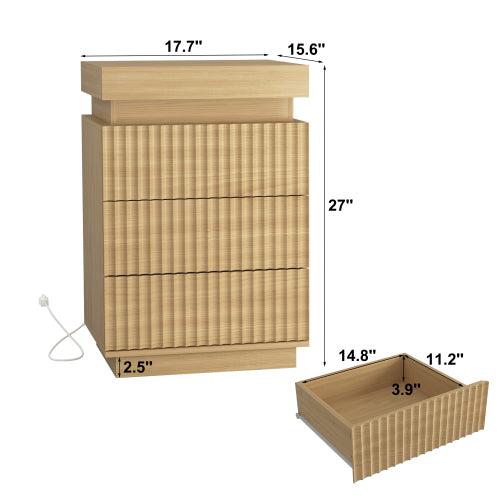 2 Pack Natural Nightstand, Sliding Top Charging Station & RGB LED with Fluted Drawers
