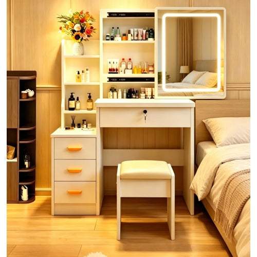 White Modern Vanity Set with LED Mirror, Cushioned Stool, Sliding Glass Door, 3 Lighting Modes, Bedroom Dressing Table