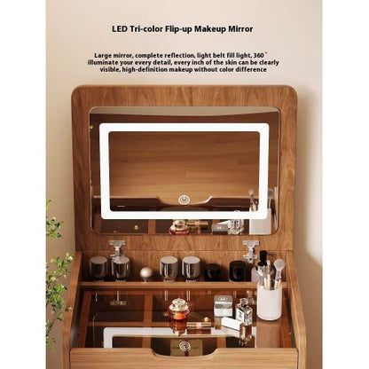 (60cm) 3 in 1 Vanity Desk with Plip Top Mirror, Small Make Up Vanity Set with Visible Glass Desktop, Compact Makeup Vanity with 3 Drawers, Dressing Table for Bedroom (Walnut Color)