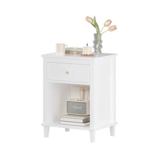 26.77''H Wooden Nightstand with One Drawer One Shelf for Kids, Adults, White+Golden handle