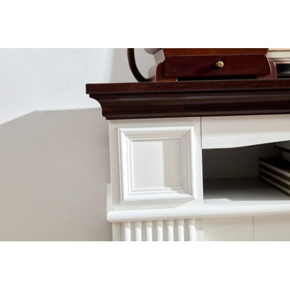 Farmhouse style fireplace TV stand for living room or bedroom to store CDs, remotes and other media or gaming devices