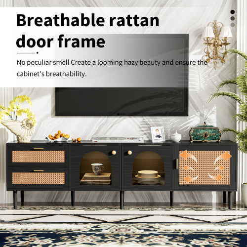 70.8 Inch Black Rattan LED TV Stand Solid Wood Leg Media Console Supports 80 Inch TV