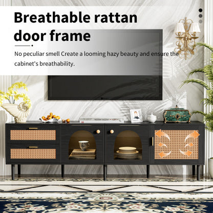 70.8 Inch Black Rattan LED TV Stand Solid Wood Leg Media Console Supports 80 Inch TV