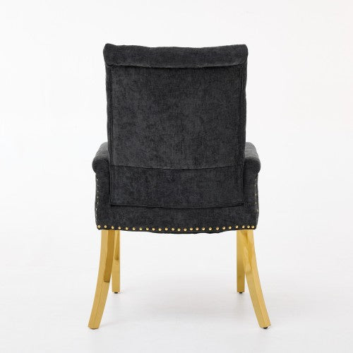 Single Black Tufted High-Back Chenille Arm Dining Chair, Nailhead Trim, S-Spring Cushion, Polished Stainless Steel Legs