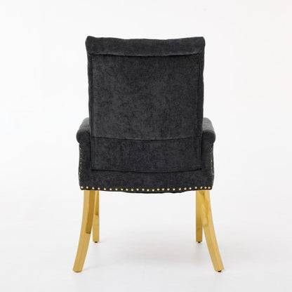 Single Black Tufted High-Back Chenille Arm Dining Chair, Nailhead Trim, S-Spring Cushion, Polished Stainless Steel Legs