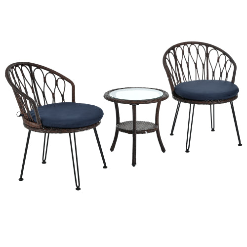 U_STYLE Outdoor Leisure Set, 2 Rattan Single Chairs with A Glass Round Table, Perfectly Suited for Patios, Balconies, and Courtyards