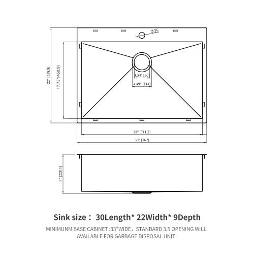 30 x 22 x 9 inch Drop In Kitchen Sink - Topmount Gunmetal Black Stainless Steel 16 Gauge Singe Bowl Kitchen Sink Basin
