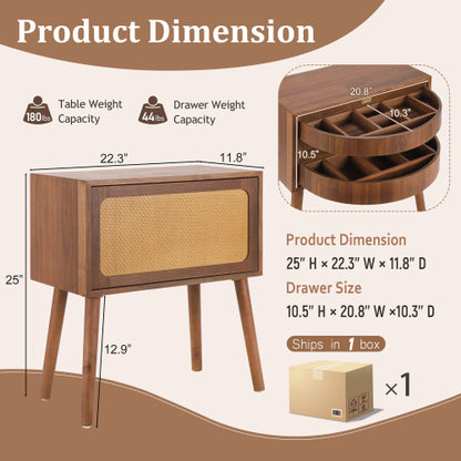 Rattan Nightstand with Hidden Storage Compartment, Mid Century Modern Bedside Table with Wood Legs, Walnut End Table
