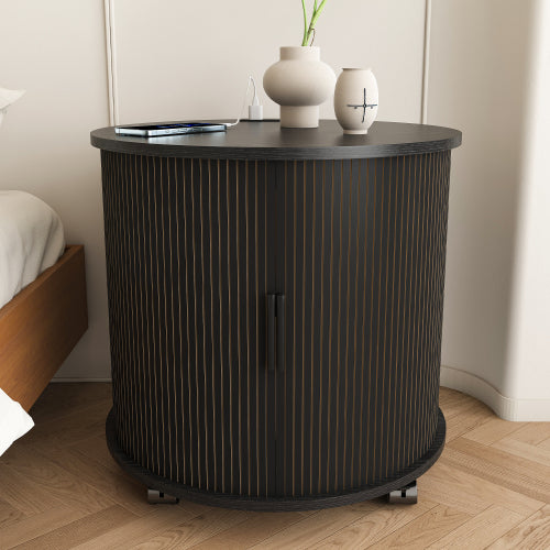 Black Cylinder Nightstand, Mid-Century Round End Table with Charging Station & 2-Tier Storage