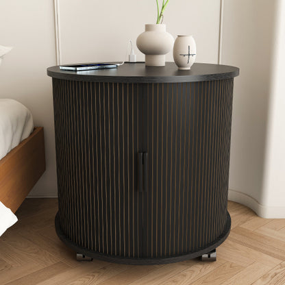 Black Cylinder Nightstand, Mid-Century Round End Table with Charging Station & 2-Tier Storage