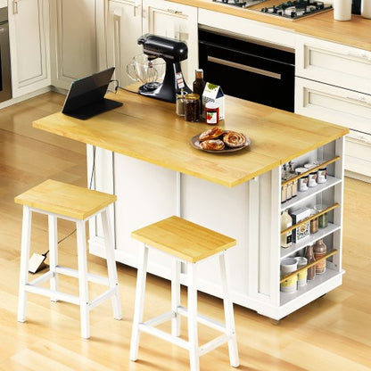 48inch Kitchen Island with 2 Bar Stools, Power Outlet, Door Internal Storage Rack, Kitchen Storage Cart on 5 Wheels with Drop Leaf, 5 Side Racks, 2 Drawers,White