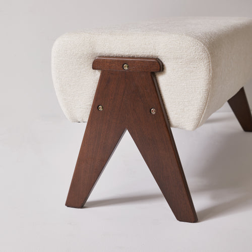 Cream Chenille Upholstered Ottoman Bench, Solid Wood V-Shaped Leg Entryway Shoe Bench for Bedroom & Foyer