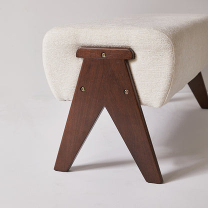 Cream Chenille Upholstered Ottoman Bench, Solid Wood V-Shaped Leg Entryway Shoe Bench for Bedroom & Foyer