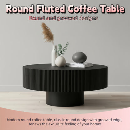 Black Fluted Round Pedestal Coffee Table, Mid Century Modern