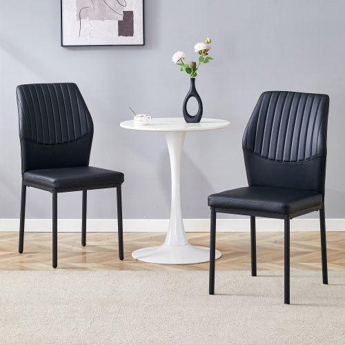 Striped Back PU Dining Chairs with Black Metal Legs, Set of 2, Black