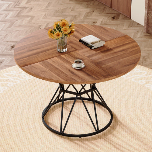 47.3 Inch Walnut Wood Grain Round Dining Table with Hourglass Metal Bracket for 4-6 People