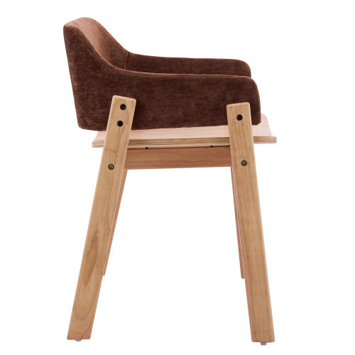 Set of 2 Brown Fabric Arm Dining Chairs, Natural Rubberwood Frame Farmhouse Accent Chairs