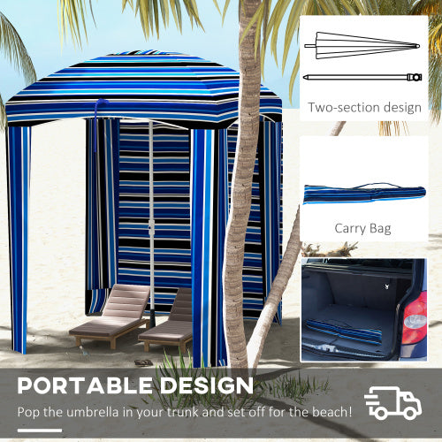 Outsunny 5.9' x 5.9' Portable Beach Umbrella, Ruffled Outdoor Cabana with Walls, Vents, Sandbags, Carry Bag, Blue Stripe