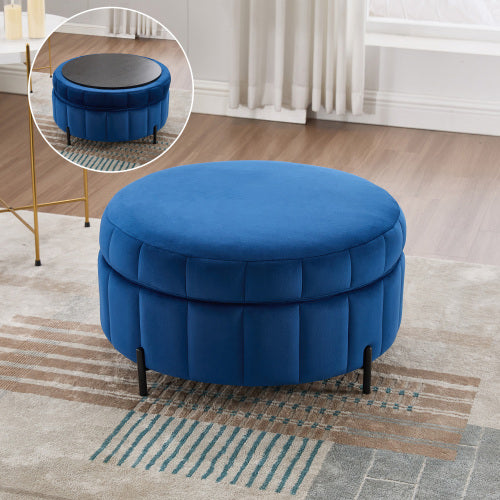 31.5 inch Navy Velvet Round Pumpkin Storage Ottoman, Reversible Lid Adjustable Metal Leg Footstool, 275 LBS