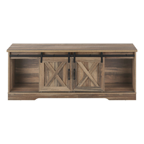 60 Inch Reclaimed Brown Farmhouse TV Console with Sliding Barn Doors & Multi Storage Zones
