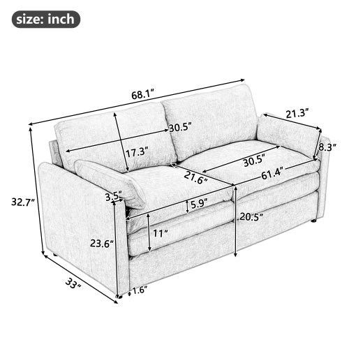 68.1-Inch Grey Cloud-Style Loveseat Sofa Double-Layer Cushion Chenille Couch with Detachable Lumbar Pillow